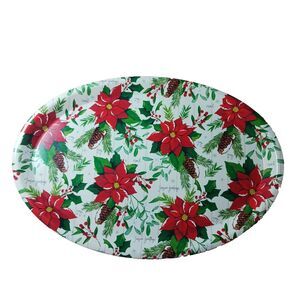 Seasons Greetings Poinsettia Large Oval Plastic Platter Christmas Holiday Used
